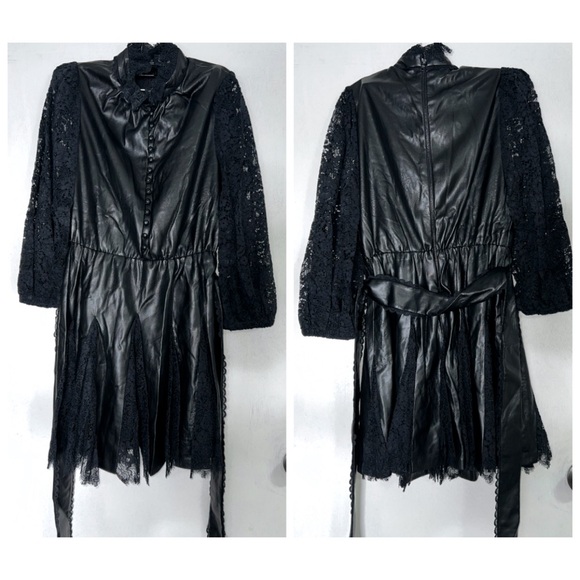 Alice + Olivia Mina Black Vegan Leather Lace Combo Mini Cocktail Dress - Picture 10 of 17